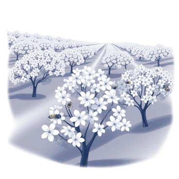 A wide expanse of an orchard filled with various flowering trees. The blossoms are abundant and vibrant, with petals open to the sunlight. Several carpenter bees are actively pollinating the flowers, their bodies covered in pollen as they move from blossom to blossom. The scene captures the intricate details of the bees, showcasing their furry bodies and the delicate structure of the flowers. The background reveals more rows of trees extending into the distance, creating a sense of depth in the landscape. The overall atmosphere is one of activity and life in a thriving orchard.