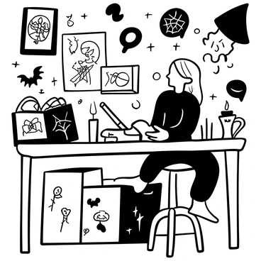 An artist with long hair sitting at a weathered wooden table, focused on sketching with a pencil. The table is cluttered with various sketches of eerie creatures, each displaying intricate details. A tattered book of gothic literature lies open next to the artist, pages slightly curled. A dimly lit candle flickers on the table, casting shadows around the workspace. The background features a wall adorned with more sketches and dark imagery, enhancing the atmosphere.