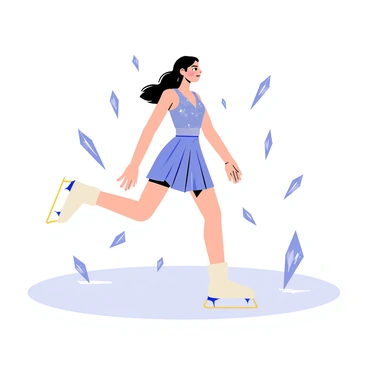 An ice skater wearing a shiny blue and silver costume is spinning gracefully on the ice. The skater has long flowing hair and a focused expression. Around the skater, numerous ice shards are sparkling in different shapes, reflecting light as they scatter across the scene. The ice rink has a smooth, reflective surface that adds to the overall dynamic motion of the skater.