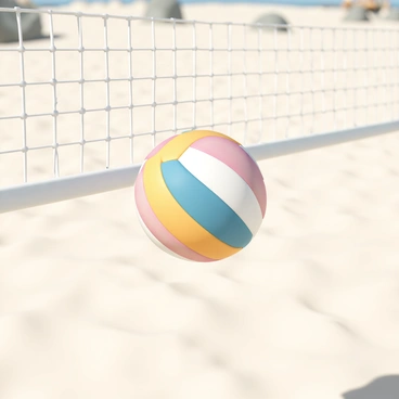 A close-up view of a volleyball net, with the netting clearly visible, showcasing its white color and small squares. A vibrant, multicolored volleyball is captured in mid-air, soaring just above the net. The background features a blurred sandy beach scene, indicating that the game is being played outdoors. The sun is shining brightly, casting soft shadows of the net onto the sand below.