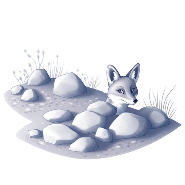 A fox is partially hidden, peeking out from behind a cluster of rocks on the slopes of Mont Ventoux. The rocky terrain is rugged and uneven, with various sizes of stones scattered around. In the background, there are patches of vegetation, including low shrubs and grasses, indicating a natural landscape. The fox's ears are perked forward, and its eyes are wide, suggesting curiosity as it observes its surroundings. The overall scene captures the essence of wildlife in a mountainous environment.
