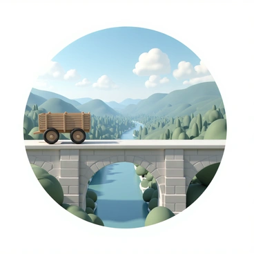 An empty cart on a bridge overlooking a scenic valley