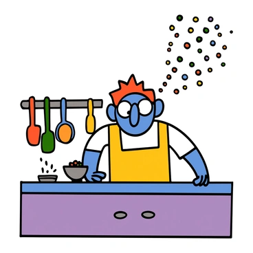 A cartoon character with a large nose and bright blue skin is standing in a kitchen. Their big eyes are wide open in surprise as they sneeze, sending a puff of colorful cartoon sneeze particles into the air. The character has short, spiky orange hair and is wearing a yellow apron over a white t-shirt. On the kitchen counter, there is a small bowl of pepper, and a few pepper flakes are floating in the air around them. The background features a cheerful kitchen setting with colorful utensils hanging on the wall.