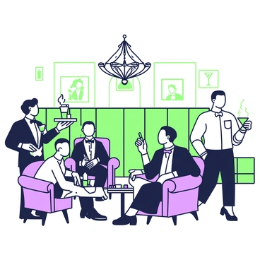 A vintage cigar lounge with plush, dark leather armchairs arranged in small clusters around low wooden tables. Patrons in tuxedos are seated, with some leaning back in their chairs, while others are engaged in conversation. Each patron holds a cigar, with wisps of smoke curling around them. A waiter in a white shirt and bow tie is serving cocktails, carrying a tray filled with drinks. The walls of the lounge are decorated with rich wooden paneling and vintage photographs, creating an elegant and sophisticated ambiance. A large chandelier hangs from the ceiling, casting a warm glow over the scene.