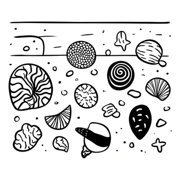 A variety of seashells with intricate textures and patterns arranged neatly on a wooden table. Each seashell displays unique shapes and designs, some are spiraled while others are flat or elongated. The table surface has visible wood grain, and there are small pebbles scattered around the seashells, emphasizing their natural beauty. The arrangement of the seashells creates an appealing composition, showcasing the diversity of forms and the craftsmanship of nature.