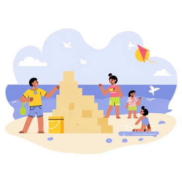 A group of cartoon kids playing by the seaside on a sunny day. One child is building a large sandcastle with a bright yellow bucket and a green shovel. Two other kids are splashing in the shallow water with their colorful swimwear, while a fourth child is flying a red kite in the background. The sky is clear blue with a few fluffy white clouds, and the sun is shining brightly. Seagulls are flying overhead, and there are seashells scattered along the sandy shore.