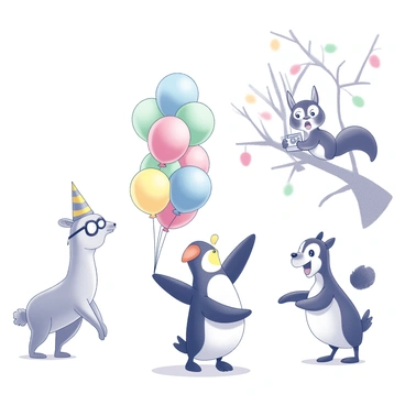 A cartoon-style scene depicting a group of animals in an unusual situation. In the center, a penguin wearing a party hat is trying to balance a stack of colorful balloons. To the left, a surprised llama with oversized glasses is watching, while a squirrel, perched on a nearby branch, is laughing and holding a camera. In the background, a tree is adorned with festive decorations. The overall composition is filled with playful expressions and exaggerated features, capturing the humor of the moment.