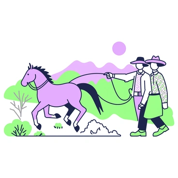 A cowboy is leading a horse along a dusty trail in the old west. The cowboy is wearing a wide-brimmed hat and a checkered shirt, with leather boots visible as he walks. The horse is a sturdy animal, following closely behind the cowboy with its reins held firmly in his right hand. Dust is kicked up from the ground, creating a cloud around their feet. In the background, there are sparse shrubs and distant mountains, enhancing the rugged landscape of the old west. The sun is low in the sky, casting long shadows on the trail.