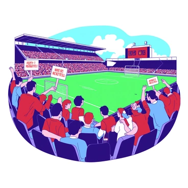 A group of excited fans is sitting in a stadium, eagerly looking towards the field. The fans are wearing various team jerseys in a mix of red and blue colors. Some fans are holding signs with motivational messages, and others have painted their faces in team colors. The stadium seating is filled to capacity, creating a vibrant atmosphere. The field is well-maintained, with bright green grass, and the goalposts are positioned at both ends. In the background, a large scoreboard displays the countdown to the game.