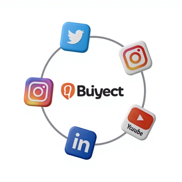 A collection of popular social media icons, including "Facebook," "Twitter," "Instagram," "LinkedIn," and "YouTube," arranged in a circular pattern. Each icon is brightly colored and easily recognizable, displaying their respective logos clearly. The central brand logo, which features a stylized design with a unique color scheme, is prominently located in the middle of the arrangement. The background is a solid color to emphasize the icons and the central logo. The overall layout is balanced and visually appealing.