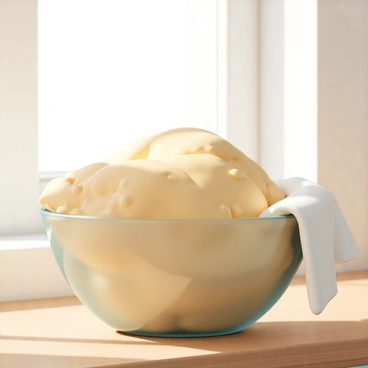 A large glass mixing bowl filled with soft, golden yeast dough that has doubled in size, showing bubbles on the surface. The bowl is placed on a wooden countertop. The dough is covered with a white cloth, partially draped over the bowl, creating a cozy atmosphere. Sunlight filters in through a nearby window, casting soft shadows on the countertop.