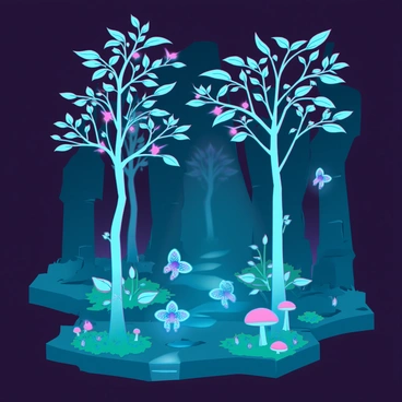 A small enchanted forest growing within a dark dungeon. Tall, slender trees with luminescent leaves tower over the scene, casting an ethereal glow. Vibrant flowers in various colors emit soft lights, illuminating the path below. Small, bioluminescent insects flit through the air, leaving trails of light behind them. Moss covers the dungeon walls, with patches of glowing mushrooms sprouting from the ground. In the background, faint shadows of ancient stone structures can be seen, partially hidden by the foliage. The atmosphere is filled with a sense of magic and intrigue as the forest thrives in its subterranean surroundings.