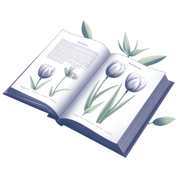 An open botanical book lays flat on a surface. The pages are filled with intricate illustrations of rare tulip species, showcasing their unique shapes and details. Each illustration is labeled with the scientific name of the tulip species, providing descriptive information. The book's pages have a slightly aged texture, with visible lines from the binding. The background around the book includes some green leaves, creating an organic feel to the setting.