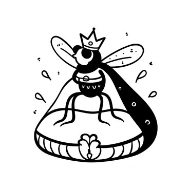 A fruit fly depicted in a regal pose, wearing a tiny crown and a flowing cape. The fly is perched on a luxurious, ornate cushion, with detailed textures visible on both the crown and cape. Surrounding the fly are delicate swirls and patterns that enhance the sense of majesty. The background features subtle ornamental elements that frame the fly, emphasizing its royal stature. The scene is composed in black and white, highlighting the intricate details of the fly's wings and the fabric of the cape.