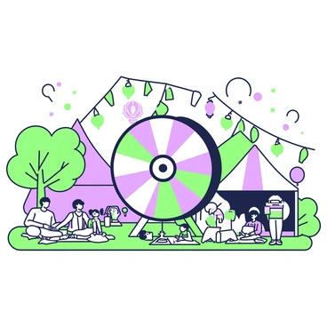 A whimsical festival is taking place in a vibrant outdoor area. The setting is filled with colorful tents and decorations made of fabric draping around. In the center, a large hamster wheel stands as the main attraction, featuring oversized features and bright colors. Around the wheel, there are playful decorations such as balloons and banners hanging from nearby trees. Families and friends are gathered, some sitting on picnic blankets and others mingling with each other. In the background, there are small stalls selling snacks and refreshing drinks, contributing to the festive atmosphere.