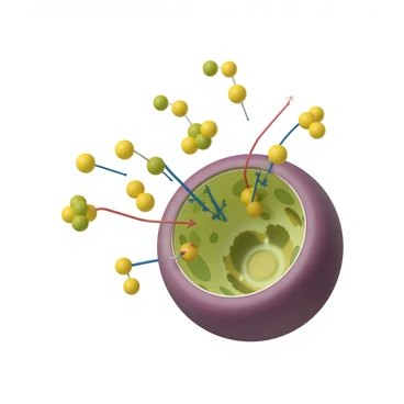 A collection of glucose molecules represented as small hexagonal shapes is shown moving towards a muscle cell. The muscle cell has a textured membrane with various transport proteins embedded within it. The glucose molecules are illustrated in different shades of yellow and green to indicate their structure. Some of the glucose molecules are in the process of being actively transported across the membrane, with arrows illustrating their movement through the protein channels. The inner area of the muscle cell is depicted with a textured cytoplasm, showing organelles such as mitochondria and ribosomes in a detailed manner.