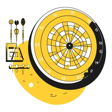 A large, circular dartboard with a classic design featuring numbered sections is mounted on a wall. The dartboard has a weathered look, showcasing its vintage charm. Surrounding the dartboard are several vintage darts, each with unique flights and tips, hanging neatly on a small wooden rack. The wall behind the dartboard is adorned with subtle textures, hinting at age, and there is a faint shadow cast by the dartboard, emphasizing its presence on the wall.
