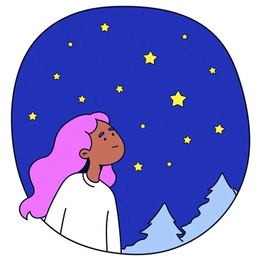 A girl with long, flowing hair is gazing up at a sky full of stars. She has a look of wonder and curiosity on her face. The stars are bright and numerous, twinkling against a deep navy blue background. The scene is set in a serene environment, with a hint of a silhouette of trees at the bottom of the image. The girl's clothing is simple and modern, enhancing her contemplative expression.