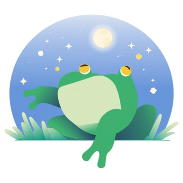 A large green bullfrog is lying on its back, with its legs spread comfortably apart. Its bright eyes are wide open, gazing up at a clear sky filled with stars. The stars twinkle against a deep blue backdrop, and the moon is visible, casting a gentle glow over the scene. The frog's smooth skin reflects some of the moonlight, highlighting its features. In the foreground, there are blades of grass framing the scene, adding a touch of nature to the composition.