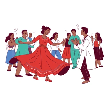 A group of people from different cultures are joyfully performing their traditional dances together. In the center, a woman wearing a vibrant red dress with intricate patterns is twirling gracefully. To her left, a man in a teal tunic is executing energetic dance steps, showcasing his skill. On the right, a performer in a flowing white garment is clapping rhythmically, encouraging others to join in. The background features a few spectators, some capturing the moment on their devices, while others cheer and clap along with the dancers. The atmosphere is filled with energy and celebration as cultures blend harmoniously through dance.