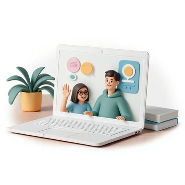 A 3D laptop with a sleek, silver chassis is open on a wooden desk. The screen displays a vibrant chat conversation featuring two animated characters. The first character is a young woman with long brown hair, wearing a blue shirt and glasses, smiling as she types. The second character is a young man with short black hair, wearing a green hoodie, waving happily. Colorful speech bubbles appear above their avatars, showing their messages. The background includes a blurred indoor setting with a potted plant and a book on the desk.
