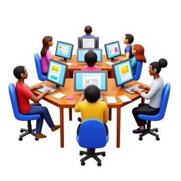 A diverse group of students from different countries sitting at their computer desks. Each student is focused on their screens, using digital drawing tablets. The students represent various ethnic backgrounds including Asian, Black, Hispanic, and Caucasian. They are engaged in an online illustration course, with art supplies and sketches scattered around their workspaces. Some students have headphones on, while others take notes. In the background, their screens display colorful illustrations and course materials. Each student is dressed casually, reflecting their unique fashion styles.