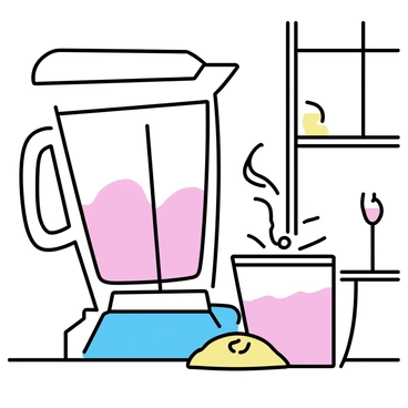 A blender filled with pink grapefruit chunks resting on a kitchen countertop. The blender's lid is slightly ajar, revealing the vibrant fruit inside. The blender is in the process of blending, with the swirling motion creating a mix of the grapefruit and other ingredients. A glass awaits beside the blender, ready to be filled with the fresh morning smoothie. The kitchen has a bright and clean appearance, with sunlight streaming in through a nearby window.