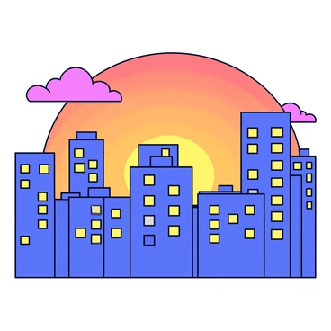 A city skyline with tall buildings silhouetted against the sky. The structures have various geometric shapes and heights, creating a dynamic outline. The sky is filled with warm colors, featuring shades of orange, pink, and purple that blend together as the sun sets. A few clouds are scattered throughout, reflecting the hues of the sunset. The windows of the buildings are illuminated, showing a warm glow that adds to the overall vibrancy of the scene.