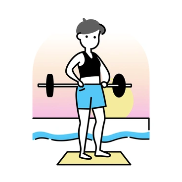 A person performing hip thrusts with a barbell on a beachside platform. The individual has short hair and is wearing a fitted black workout shirt and blue shorts. The barbell is positioned across their hips, demonstrating the exercise. The sky is transitioning into light shades of orange and pink as the sun begins to rise. The platform is made of wooden planks, and gentle waves can be seen lapping at the shore in the background.