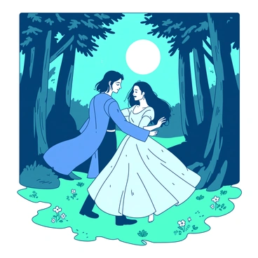 Beren and Lúthien are dancing gracefully in a moonlit forest glade. Beren, with dark hair, is dressed in a flowing blue tunic that sways with each movement. Lúthien, wearing a delicate white gown adorned with shimmering stars, twirls joyfully beside him. The moonlight filters through the leaves, casting soft shadows on the forest floor. Around them, tall trees create a natural frame, and small flowers in shades of teal bloom at their feet. The soft light reflects off the couple, creating an enchanting atmosphere.