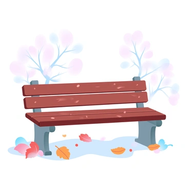 A wooden park bench stands in a peaceful setting, with a light dusting of fallen autumn leaves scattered across its surface. The bench has a rustic finish, showcasing the texture of the wood. Around the bench, various shades of orange, red, and gold leaves blanket the ground, creating a vibrant display of the autumn season. In the background, gentle silhouettes of trees with sparse branches can be seen, their foliage mirroring the colors on the bench. A soft, diffused light enhances the warmth of the scene.