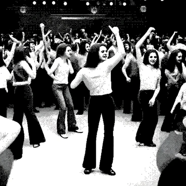 A lively dance party is taking place in a spacious room filled with people. Various individuals are dancing energetically, showcasing their movements as they enjoy the music. Some participants are wearing bell-bottom pants that flow as they dance. Others are dressed in clothing featuring intricate psychedelic patterns, adding an element of visual excitement to the scene. The floor is filled with multiple figures swaying and twirling, creating a vibrant atmosphere. The expressions on their faces reflect joy and exuberance. There are scattered disco lights illuminating the room, casting playful shadows across the dancing crowd.
