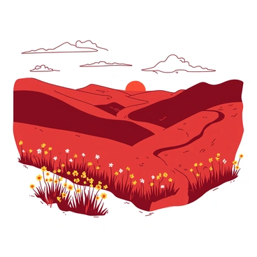A red landscape features rolling gentle hills covered in lush green grass. In the foreground, there are vibrant yellow wildflowers scattered throughout the fields, swaying gently in the breeze. The sky above is expansive, with soft white clouds floating lazily. In the distance, a winding path meanders through the hills, leading towards a horizon that glows with the warm light of a setting sun.