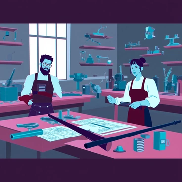 A group of inventors in a Renaissance workshop, surrounded by various tools and materials used for crafting early firearms and armory. The workshop is filled with wooden workbenches cluttered with metal parts, blueprints, and half-finished weapons. One inventor with a beard and spectacles is carefully polishing a metal barrel, while another, a young woman in a leather apron, is assembling a musket with intricate detail. The walls are lined with shelves showcasing completed firearms, armor pieces, and various mechanical contraptions. Dim light filters through a window, casting shadows that highlight the meticulous work being done in this innovative atmosphere.