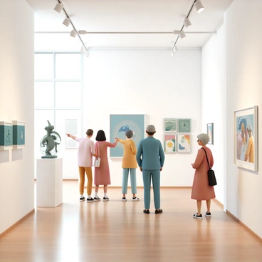 A spacious art gallery with white walls and polished wooden flooring. Various artworks are displayed on the walls, including colorful abstract paintings, detailed sculptures, and contemporary installations. A group of diverse visitors, including a man in a blue suit and a woman in a red dress, stand in front of a large canvas, pointing and discussing the artwork. Another visitor, an elderly woman with short gray hair, is observing a sculpture made of glass. Soft, natural light streams in through large windows, illuminating the gallery and creating a welcoming atmosphere.
