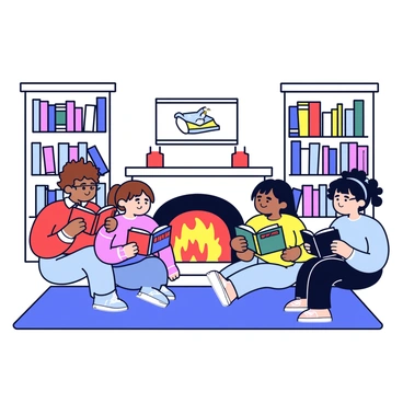 A living room with a warm fireplace at the center. There are four friends sitting on a plush rug in front of the fire. Each friend holds a different book. One friend has short brown hair and is reading a thick novel with a red cover. Another friend, with long black hair in a braid, is engrossed in a fantasy book with a colorful illustration on the cover. A third friend, wearing glasses, is flipping through a classic literature book with a worn green cover. The last friend has curly hair and is reading a mystery novel with a dark cover. The walls are decorated with bookshelves filled with various books. A soft glow from the fire casts warm light on their focused faces.