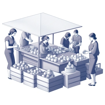 A bustling street market scene with a variety of people engaging in shopping activities. Stalls are filled with an assortment of fresh fruits such as apples, oranges, and bananas, displayed in wooden crates. Nearby, artisans showcase handmade crafts, including woven baskets and pottery. Customers are examining items, with some holding fruits while others are interacting with vendors. The atmosphere is lively, with a mix of conversations and the sounds of exchanging goods.