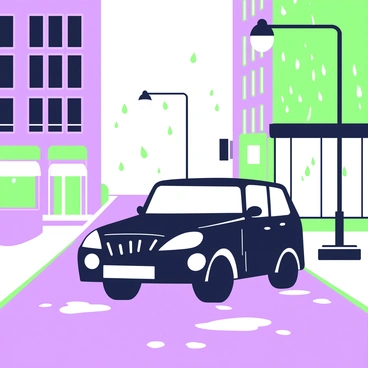 A black car is parked on a city street. The car's surface is reflecting the light from nearby street lamps, making the rain glisten on its hood. Puddles of water are forming on the asphalt around the car. In the background, tall buildings rise on either side of the street, their windows slightly foggy from the rain. Dimly lit storefronts are visible, with wet pavement leading towards them. A few raindrops are falling from the sky, adding to the atmosphere of a rainy evening.