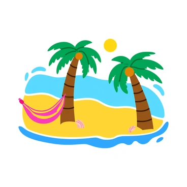 A tropical beach scene featuring a flat-3D depiction. The beach is lined with tall, green palm trees swaying gently. The water is clear and vibrant blue, gently lapping at the shore. A colorful hammock is strung between two palm trees, inviting relaxation. The sand is golden and dotted with a few seashells, adding to the beach atmosphere. The sun shines brightly in the sky, casting soft shadows across the scene.