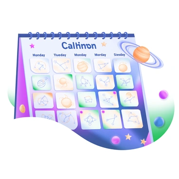 A celestial-themed calendar with star maps and planetary positions for each month