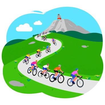 A group of cyclists wearing colorful jerseys and helmets are racing up the winding road towards the summit of "Mont Ventoux." The cyclists are in various positions, some leaning forward with determination, while others are pushing hard against the steep incline. The landscape features lush greenery on either side of the road, with patches of wildflowers adding bursts of color. The sky above is bright blue, dotted with a few fluffy white clouds. In the background, the summit of "Mont Ventoux" looms large, showcasing its rocky terrain and a hint of the iconic weather station at the top.
