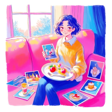 A person is seated on a comfortable sofa, surrounded by a stack of photographs scattered around them. They have short curly hair and are wearing a cozy sweater. Their facial expression shows a mix of nostalgia and happiness. In one hand, they hold a photo of a candlelit dinner, showcasing a beautifully set table with two plates and flickering candles. The other photos depict various moments from the date, including a walk in a park and laughter shared over dessert. Soft sunlight filters through the window, illuminating the room and enhancing the warm atmosphere.