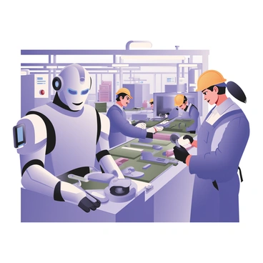A factory scene depicting robots and humans working side by side. On the left, a humanoid robot with a sleek silver design is assembling parts on an assembly line. The robot has glowing blue eyes and articulated arms that are efficiently moving components. Next to it, a human worker with light skin and short black hair is wearing a safety helmet, blue coveralls, and gloves. The worker is holding a wrench and inspecting a machine. In the background, there are other robots and humans engaged in various tasks, surrounded by industrial machinery and conveyor belts. Bright overhead lights illuminate the busy workspace.