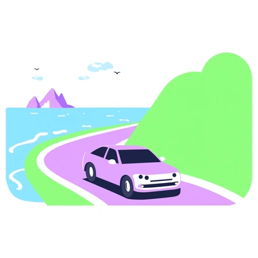 A car is driving away along a winding coastal road with the ocean on the left side. The car is a sleek sedan with its headlights on, creating a sense of motion. The road curves gently, bordered by lush greenery on the right. The ocean is visible, sparkling under the sunlight, with gentle waves lapping at the shore. In the background, there are distant cliffs rising sharply from the water, adding to the dramatic scenery. Tiny seagulls can be seen flying above the ocean, enhancing the coastal atmosphere.