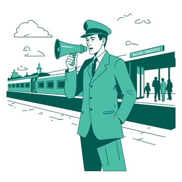 A teal station employee wearing a classic uniform stands confidently at a train station platform. The employee is holding a vintage megaphone to their mouth, clearly making an announcement. In the background, there are several trains lined up, with passengers waiting on the platform. The sky above is a soft white, giving a sense of a bright day. The overall scene captures the bustling atmosphere of the station.