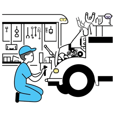 A mechanic, wearing a blue uniform and a matching cap, is kneeling beside a white school bus in a busy garage. The bus has its hood open, revealing the engine inside. The mechanic is focused on adjusting some components, with a wrench in hand. The garage is cluttered with various tools hanging on the walls, including wrenches, screwdrivers, and safety goggles. There are also workbenches filled with parts and equipment nearby, creating a sense of a bustling work environment.