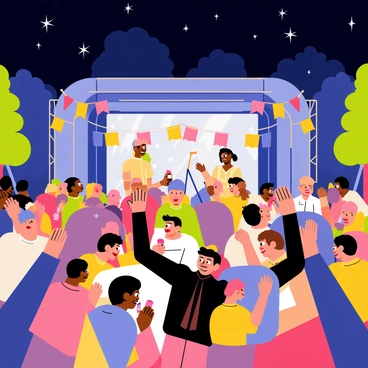 A lively outdoor concert scene takes place under a starry night sky. A crowd of diverse fans is seen clapping and cheering, their faces filled with excitement. Bright stage lights illuminate the performers, who are energetically playing instruments. Colorful banners and flags are hung around the venue, adding to the festive atmosphere. Some fans are holding drinks, while others wave their hands in the air in celebration. In the background, trees are silhouetted against the night sky, completing the vibrant concert setting.