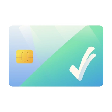 A credit card with a glossy finish is prominently displayed in the foreground. The card features a chip on the left side and has a vibrant design with a gradient of blue and green hues. In the bottom right corner, there is a bold "checkmark" symbol in white, signifying payment confirmation. The background is softly blurred, emphasizing the card while maintaining a clean and organized appearance.