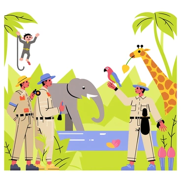 A group of cartoon explorers wearing colorful hats and khaki outfits is positioned in a lush green jungle. They are observing various animals, including a playful monkey swinging from a tree branch and a colorful parrot perched nearby. In the background, a majestic elephant is drinking from a river, while a curious giraffe reaches for leaves on a tall tree. The scene is filled with vibrant foliage, including large leaves and bright flowers, creating a lively atmosphere. The explorers have binoculars in hand, and one is pointing excitedly at the animals.