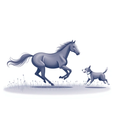 A horse galloping freely across an open field, its mane flowing in the wind. Alongside the horse, a playful dog is bounding energetically, its tail wagging. The dog is mid-leap, with its ears flopping as it keeps pace with the horse. The field is expansive, with tall grass swaying gently in the breeze. In the background, there are a few scattered wildflowers dotting the landscape. The scene captures the joyful movement of both animals as they enjoy their time outdoors.